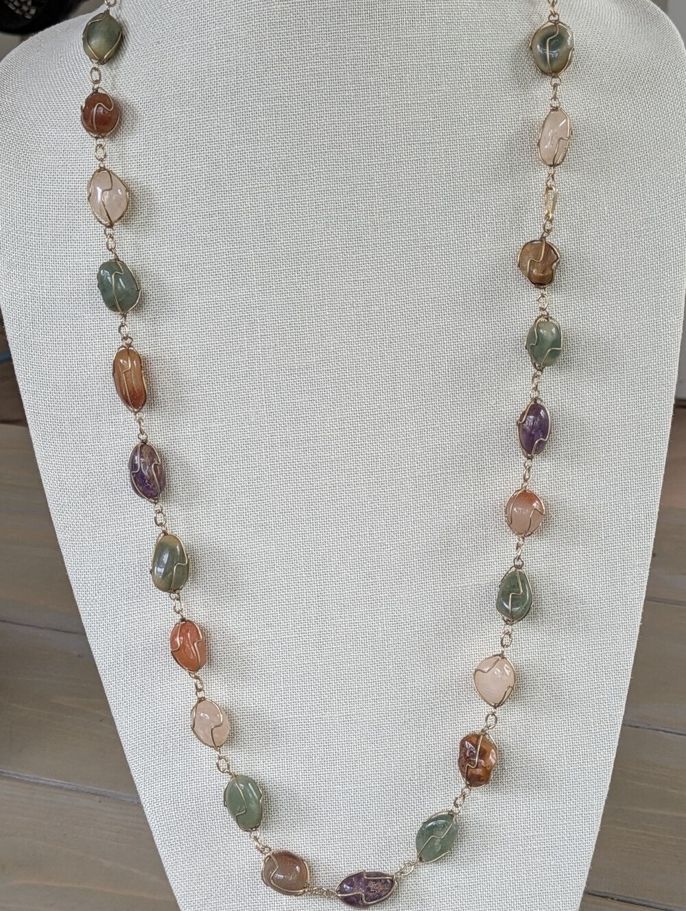 Multicolor All Stone Gold Wire Wrapped Long Necklace Boho Earthy Fall